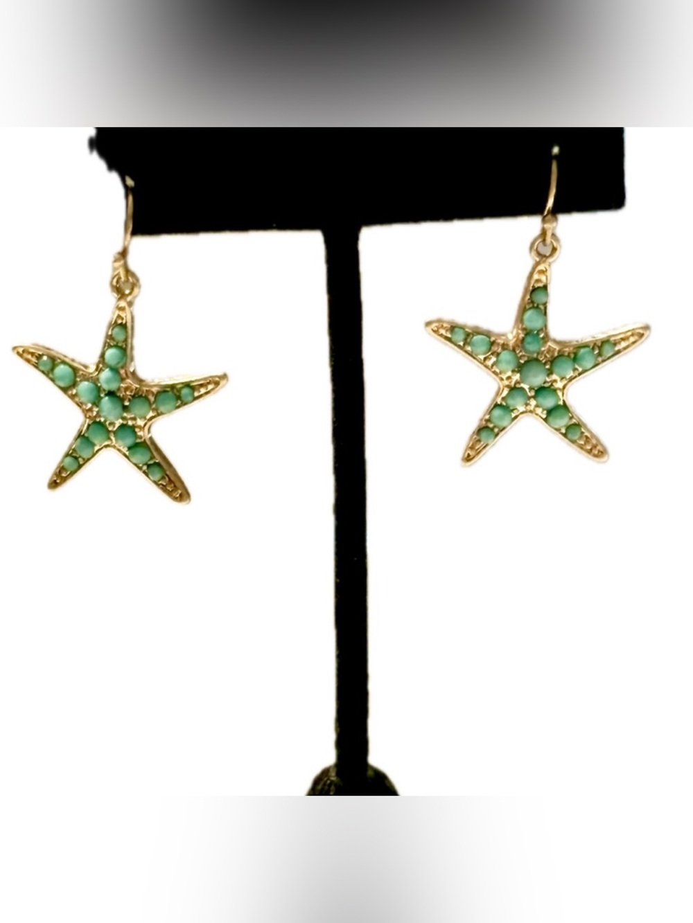 Golden Puffy Starfish Embellished  with Blue-Green Turquoise Drop Earrings